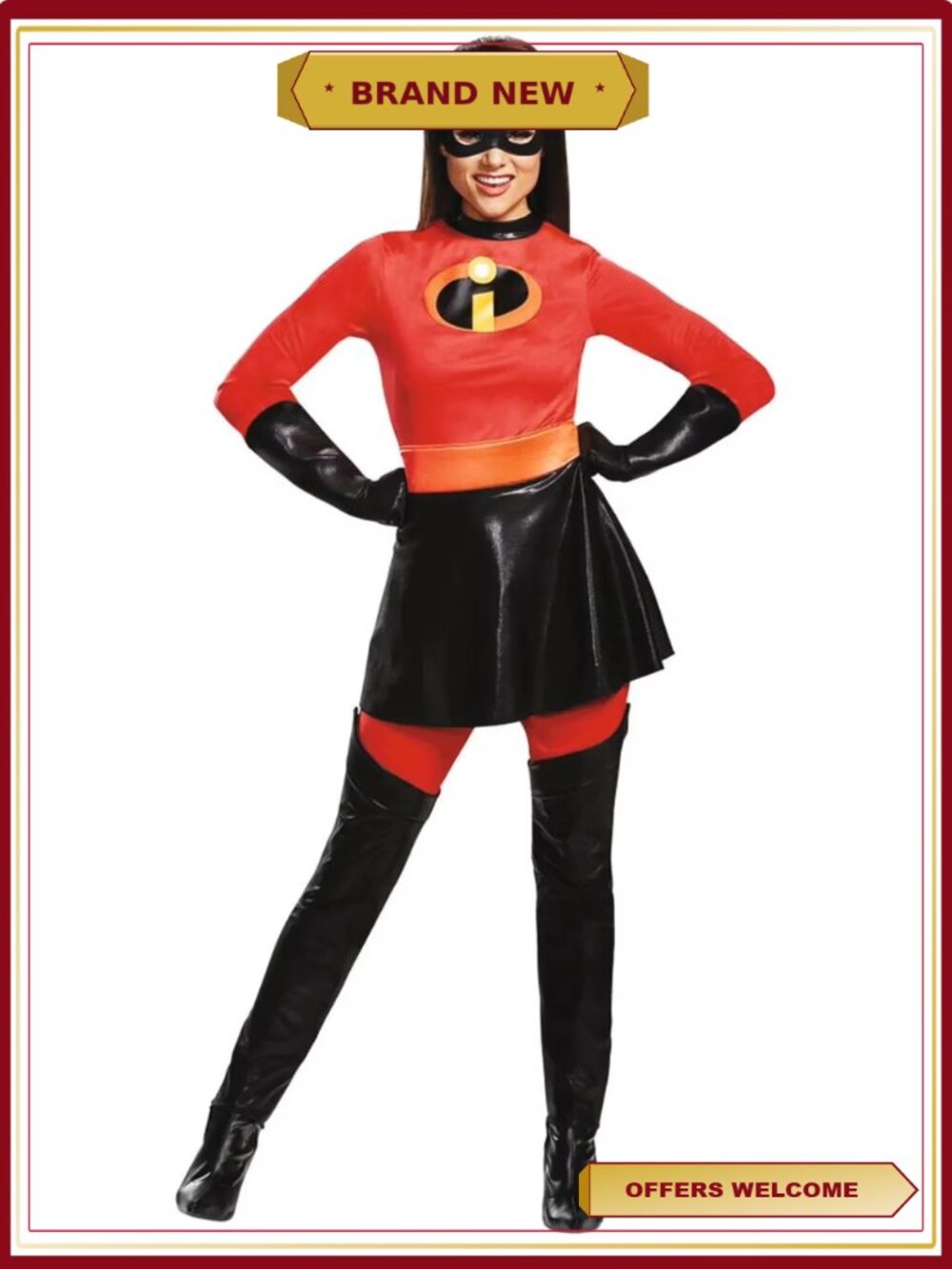 Mrs. Incredible Deluxe Costume Jumpsuit with Skirt and Eye Mask, Size XL
